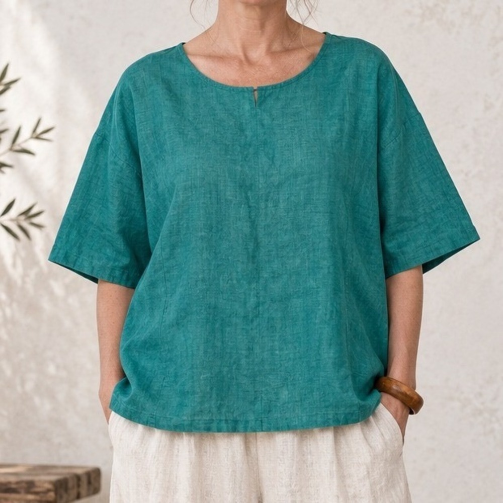 Eileen Fisher Medium Top Teal Organic Linen Boxy Pocket Short Sleeve Top Capsule
